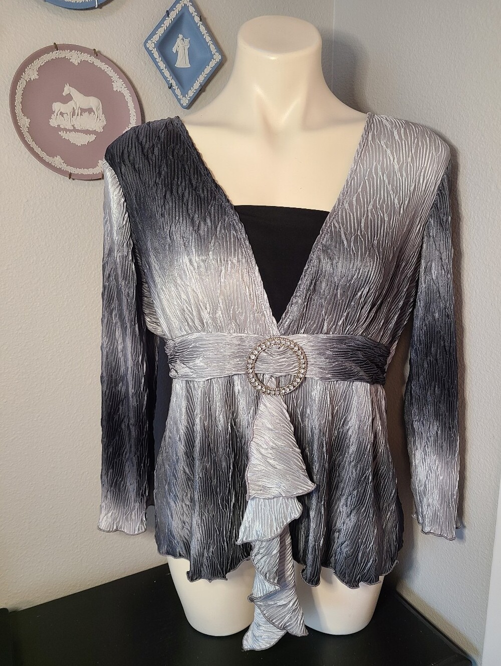 Y2K Whimsigoth Fairy Grunge Vintage Goth Ruffle Top Silver Black M/L